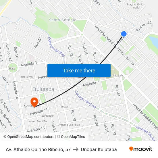 Av. Athaíde Quirino Ribeiro, 57 to Unopar Ituiutaba map