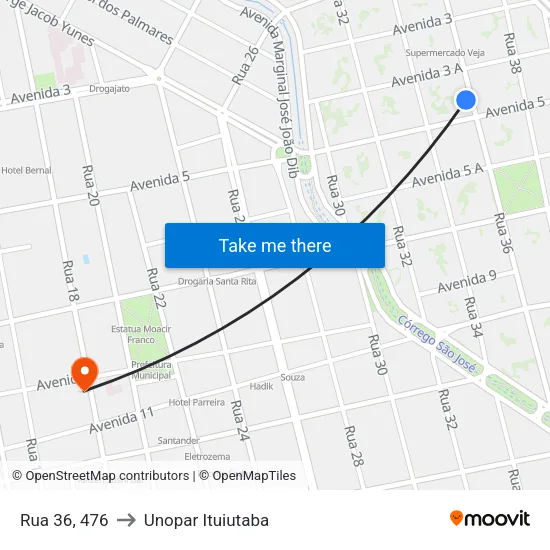 Rua 36, 476 to Unopar Ituiutaba map