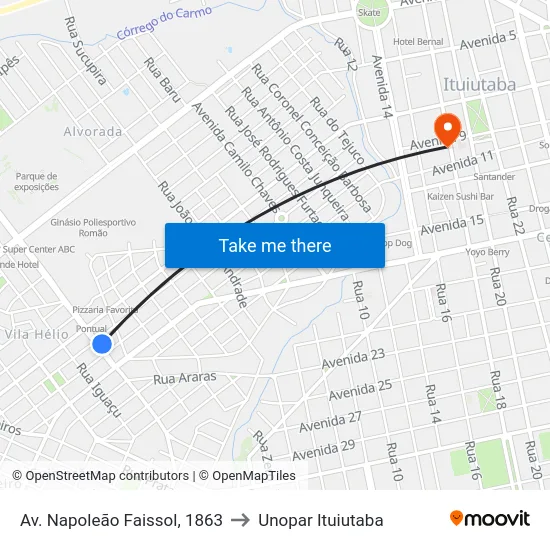 Av. Napoleão Faissol, 1863 to Unopar Ituiutaba map