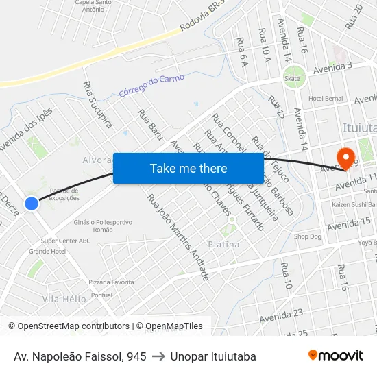 Av. Napoleão Faissol, 945 to Unopar Ituiutaba map