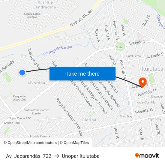 Av. Jacarandás, 722 to Unopar Ituiutaba map