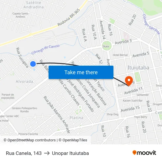 Rua Canela, 143 to Unopar Ituiutaba map