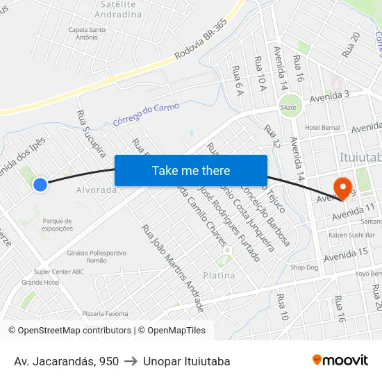 Av. Jacarandás, 950 to Unopar Ituiutaba map