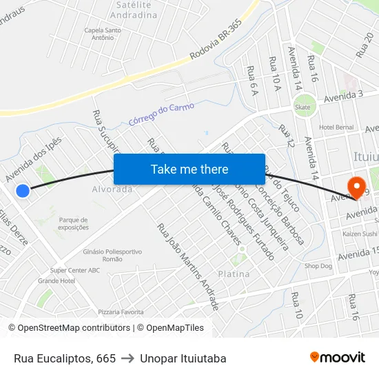 Rua Eucaliptos, 665 to Unopar Ituiutaba map