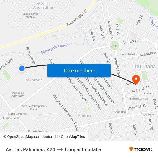 Av. Das Palmeiras, 424 to Unopar Ituiutaba map