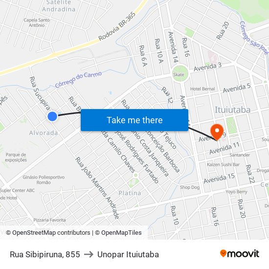 Rua Sibipiruna, 855 to Unopar Ituiutaba map