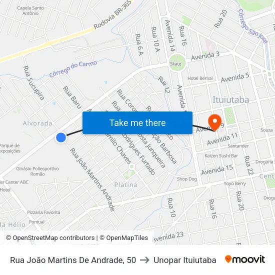 Rua João Martins De Andrade, 50 to Unopar Ituiutaba map