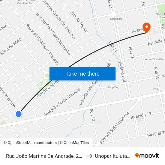 Rua João Martins De Andrade, 280 to Unopar Ituiutaba map