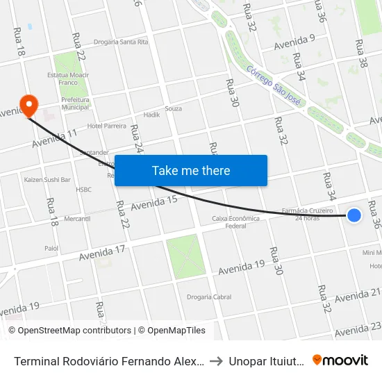 Terminal Rodoviário Fernando Alexandre to Unopar Ituiutaba map