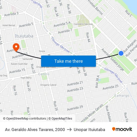 Av. Geraldo Alves Tavares, 2000 to Unopar Ituiutaba map