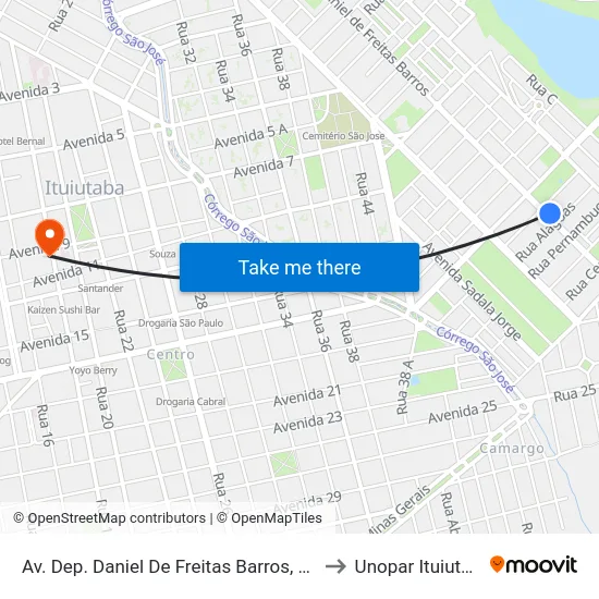 Av. Dep. Daniel De Freitas Barros, 2727 to Unopar Ituiutaba map