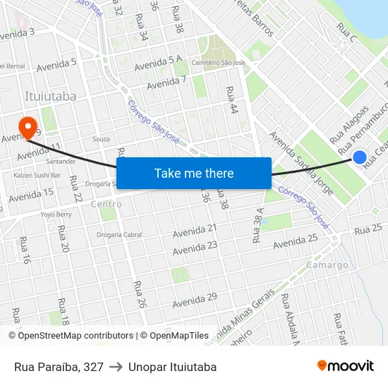 Rua Paraíba, 327 to Unopar Ituiutaba map