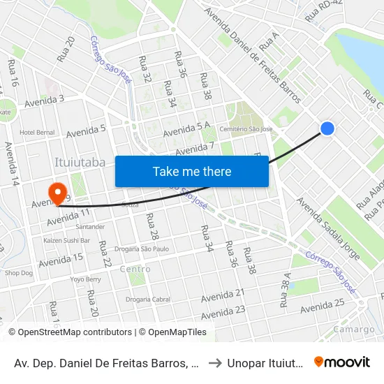 Av. Dep. Daniel De Freitas Barros, 2297 to Unopar Ituiutaba map