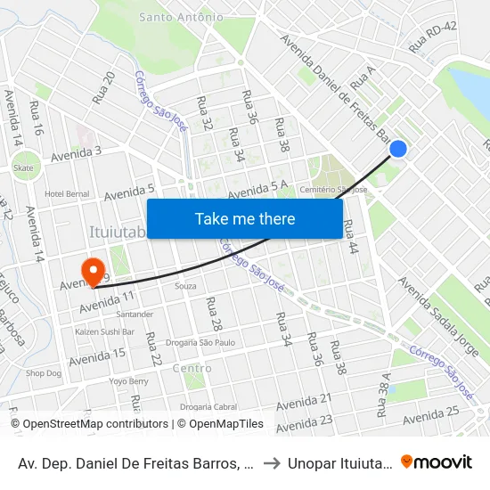 Av. Dep. Daniel De Freitas Barros, 130 to Unopar Ituiutaba map