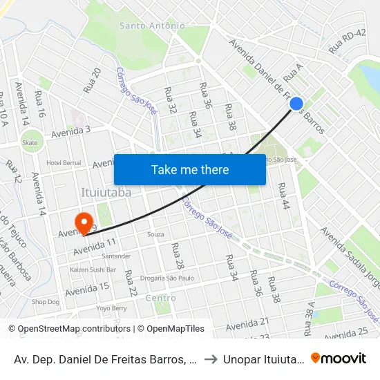 Av. Dep. Daniel De Freitas Barros, 300 to Unopar Ituiutaba map
