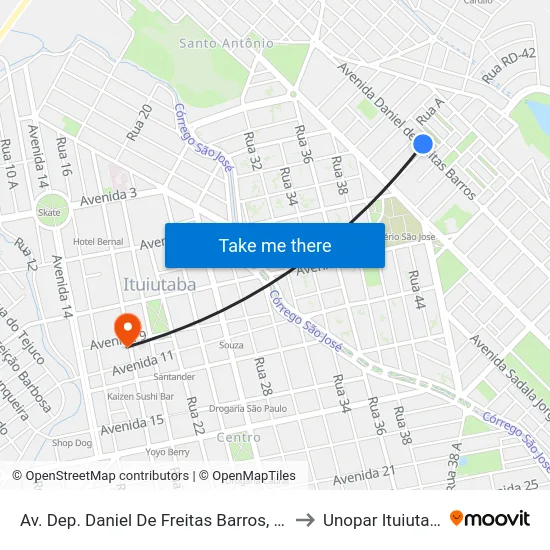 Av. Dep. Daniel De Freitas Barros, 394 to Unopar Ituiutaba map