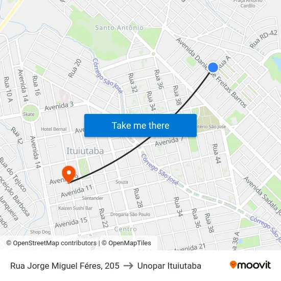 Rua Jorge Miguel Féres, 205 to Unopar Ituiutaba map