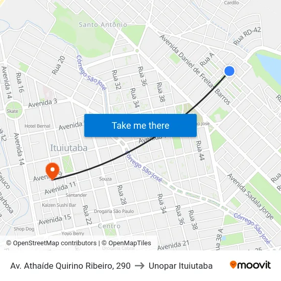 Av. Athaíde Quirino Ribeiro, 290 to Unopar Ituiutaba map