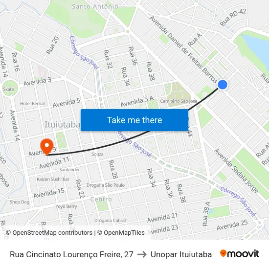 Rua Cincinato Lourenço Freire, 27 to Unopar Ituiutaba map