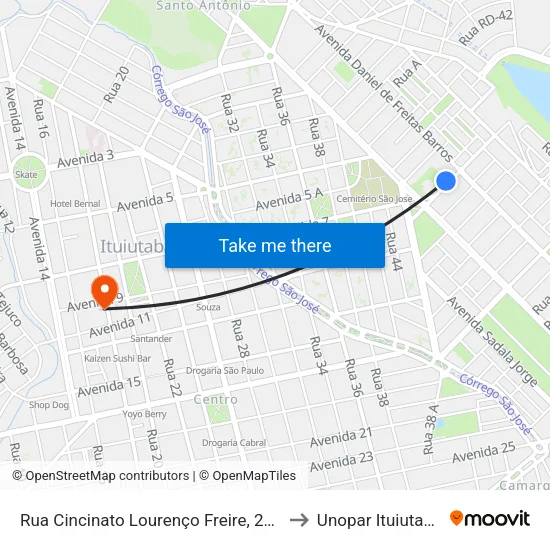 Rua Cincinato Lourenço Freire, 295 to Unopar Ituiutaba map