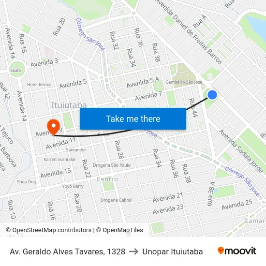 Av. Geraldo Alves Tavares, 1328 to Unopar Ituiutaba map