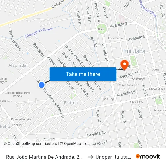 Rua João Martins De Andrade, 265 to Unopar Ituiutaba map