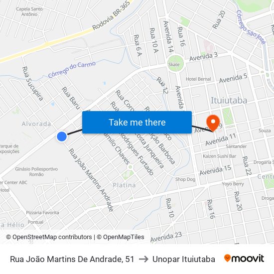 Rua João Martins De Andrade, 51 to Unopar Ituiutaba map