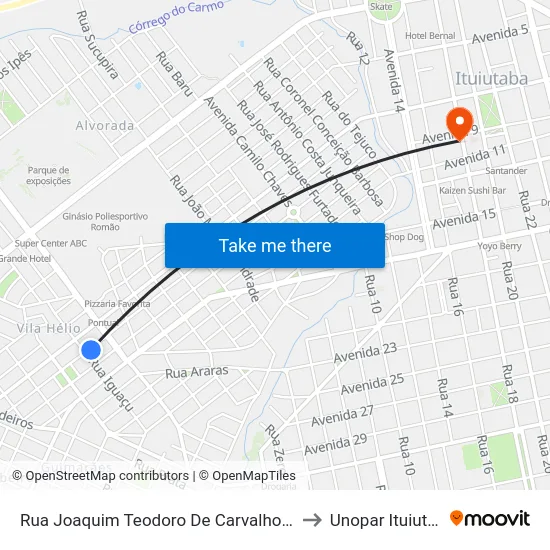 Rua Joaquim Teodoro De Carvalho, 1541 to Unopar Ituiutaba map