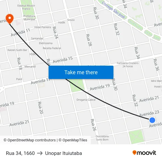 Rua 34, 1660 to Unopar Ituiutaba map