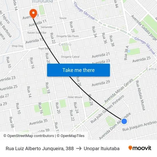 Rua Luiz Alberto Junqueira, 388 to Unopar Ituiutaba map