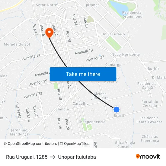Rua Uruguai, 1285 to Unopar Ituiutaba map