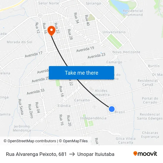 Rua Alvarenga Peixoto, 681 to Unopar Ituiutaba map