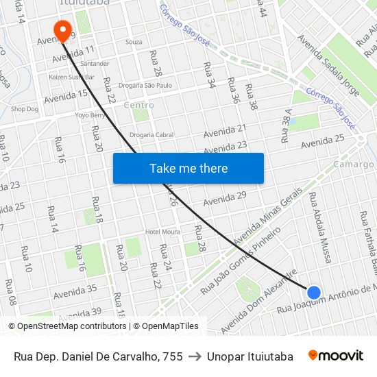 Rua Dep. Daniel De Carvalho, 755 to Unopar Ituiutaba map