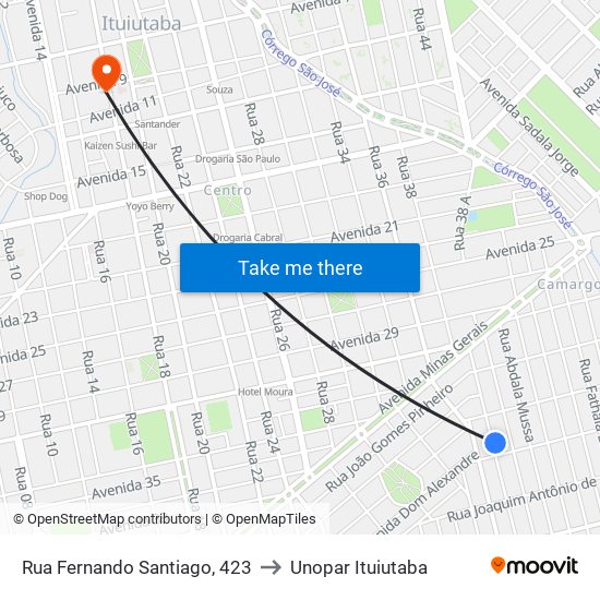 Rua Fernando Santiago, 423 to Unopar Ituiutaba map