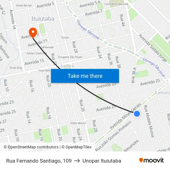 Rua Fernando Santiago, 109 to Unopar Ituiutaba map