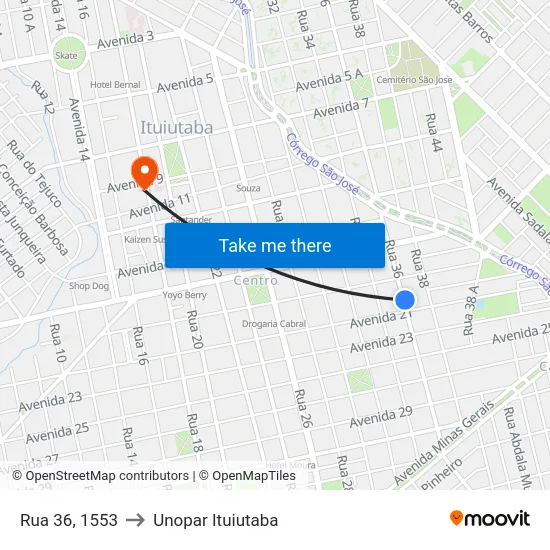 Rua 36, 1553 to Unopar Ituiutaba map