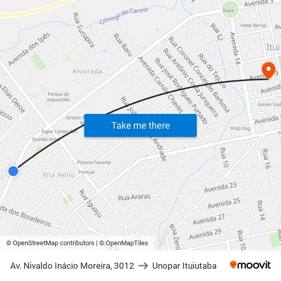 Av. Nivaldo Inácio Moreira, 3012 to Unopar Ituiutaba map