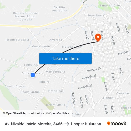 Av. Nivaldo Inácio Moreira, 3466 to Unopar Ituiutaba map