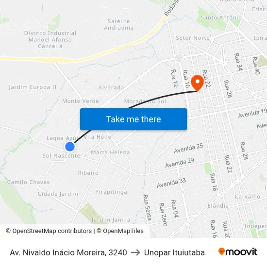 Av. Nivaldo Inácio Moreira, 3240 to Unopar Ituiutaba map
