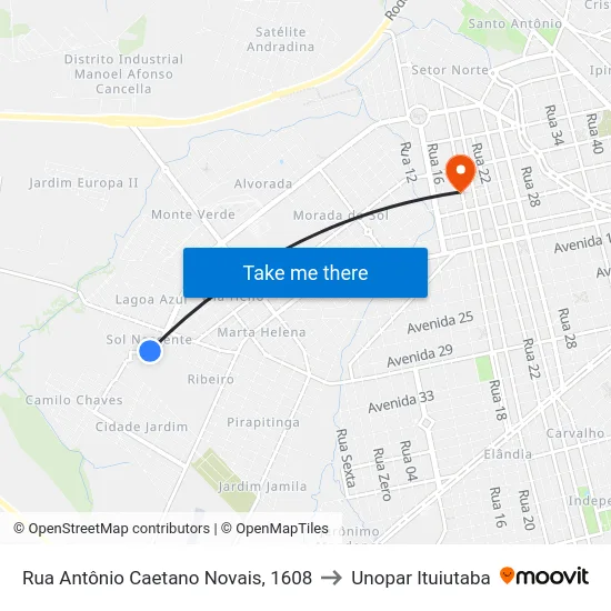 Rua Antônio Caetano Novais, 1608 to Unopar Ituiutaba map