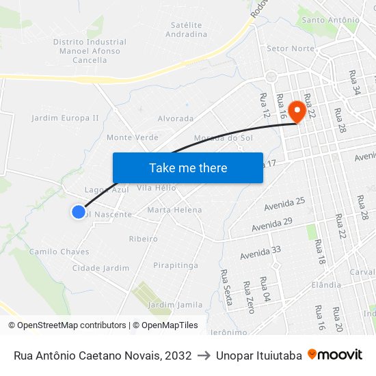 Rua Antônio Caetano Novais, 2032 to Unopar Ituiutaba map