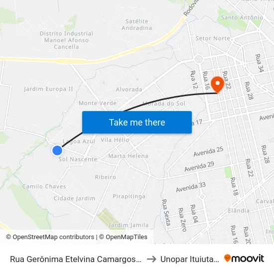 Rua Gerônima Etelvina Camargos, 67 to Unopar Ituiutaba map