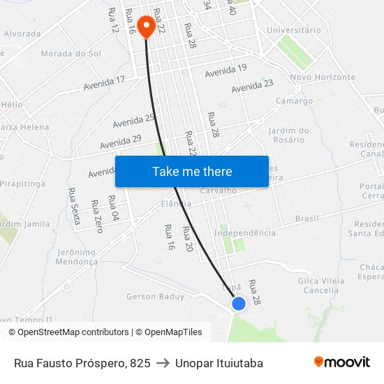 Rua Fausto Próspero, 825 to Unopar Ituiutaba map