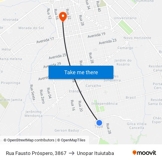 Rua Fausto Próspero, 3867 to Unopar Ituiutaba map