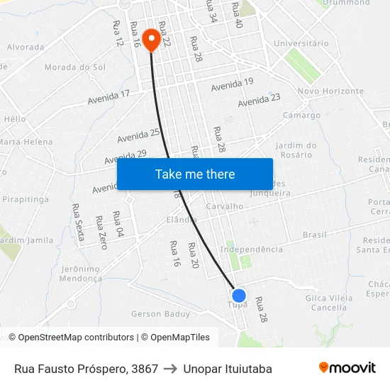 Rua Fausto Próspero, 3867 to Unopar Ituiutaba map