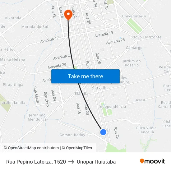 Rua Pepino Laterza, 1520 to Unopar Ituiutaba map