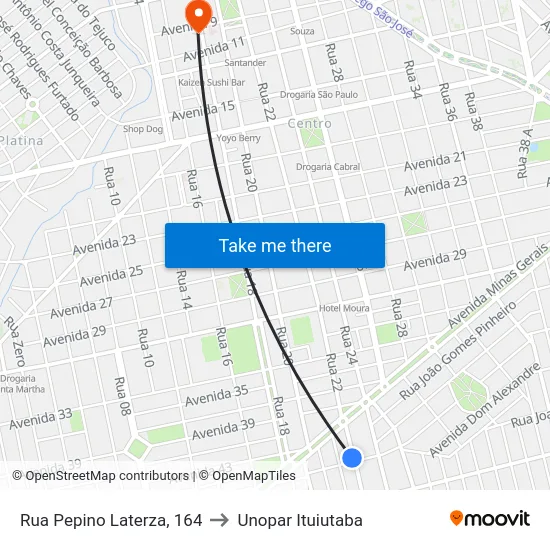 Rua Pepino Laterza, 164 to Unopar Ituiutaba map