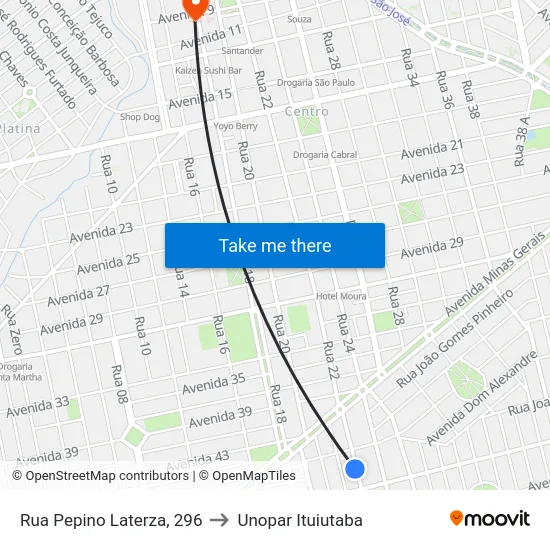 Rua Pepino Laterza, 296 to Unopar Ituiutaba map