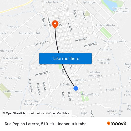 Rua Pepino Laterza, 510 to Unopar Ituiutaba map