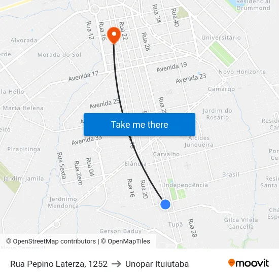 Rua Pepino Laterza, 1252 to Unopar Ituiutaba map